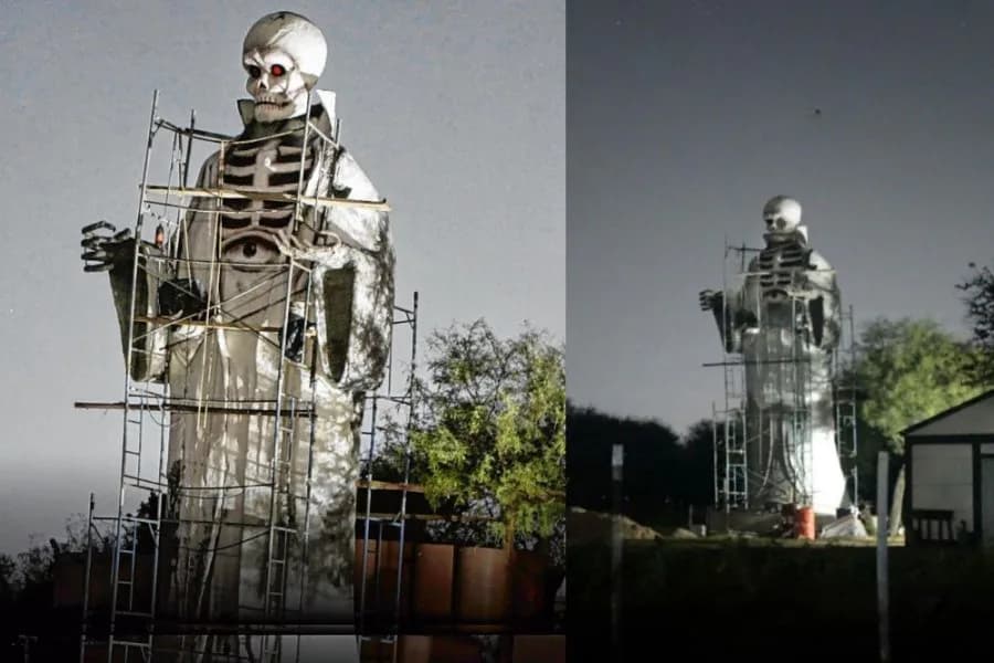 Construyen una estatua gigante de San La Muerte en la Ruta 1 y desatan una fuerte polémica en La Bajada