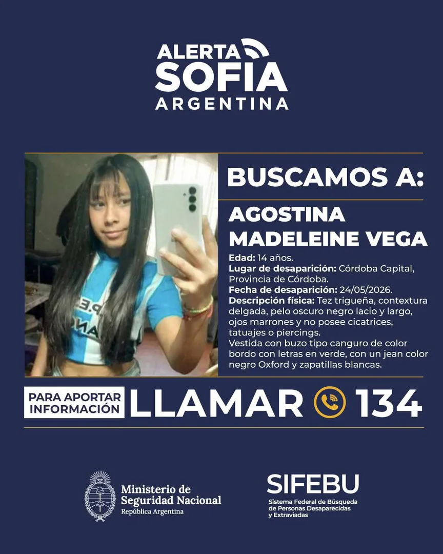 Urgente: activaron la Alerta Sofía nacional para buscar a Agostina Madeleine Vega, la menor desaparecida en Córdoba