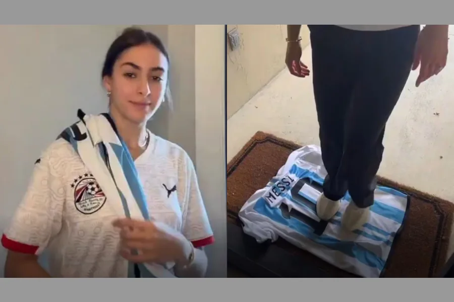 Indignación en las redes: una influencer egipcia usó la camiseta de Messi como trapo de piso tras la eliminación en el Mundial