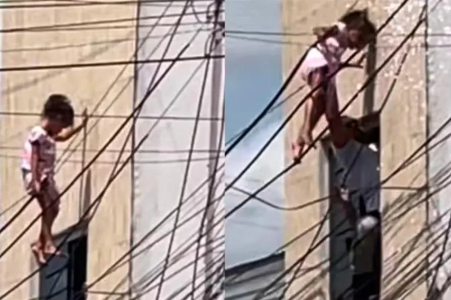 Dramático momento en Brasil: una niña cayó de un segundo piso, quedó atrapada entre cables y fue rescatada por un policía