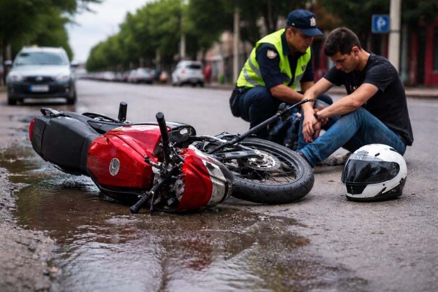 Un motociclista derrapó en avenida Lugones tras pisar un charco y sufrió lesiones leves
