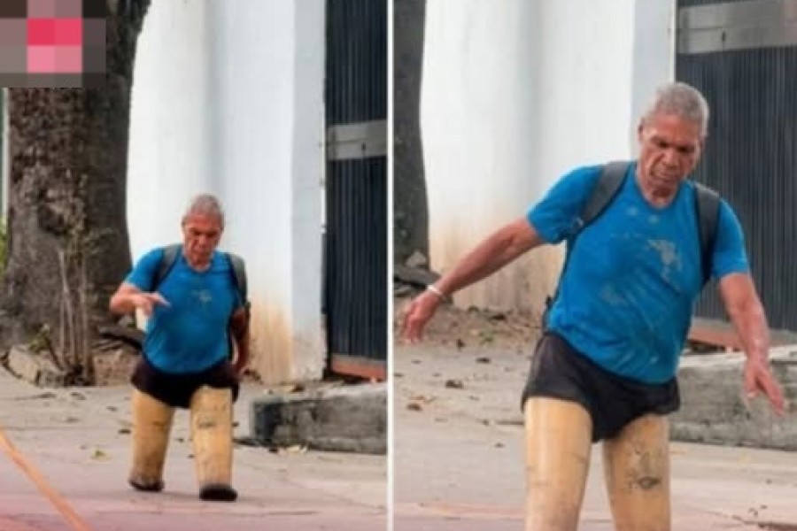 Cuando se quiere, se puede: perdió sus dos piernas y usa dos tubos de madera para ir a trabajar y mantener a su familia