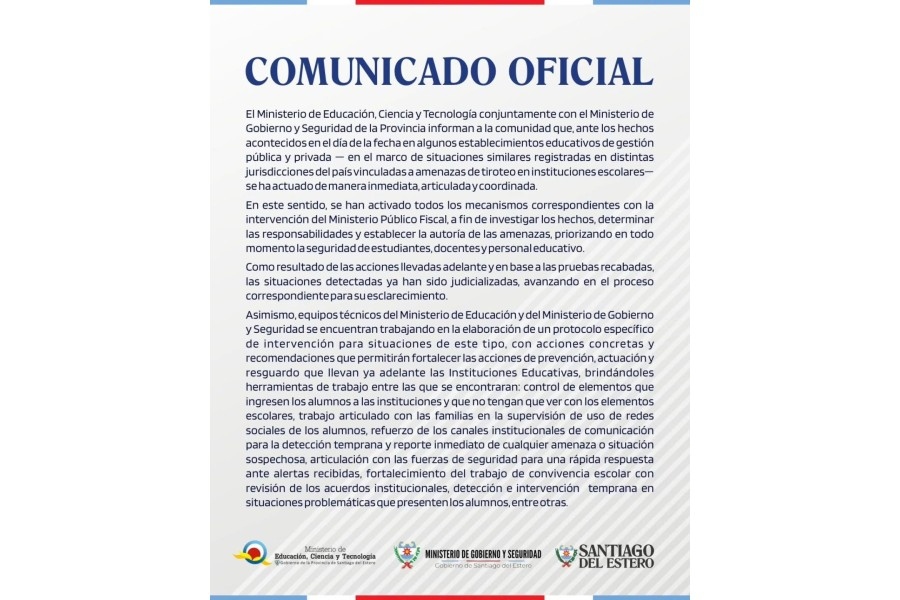 Refuerzan medidas en escuelas de la provincia tras amenazas de tiroteo